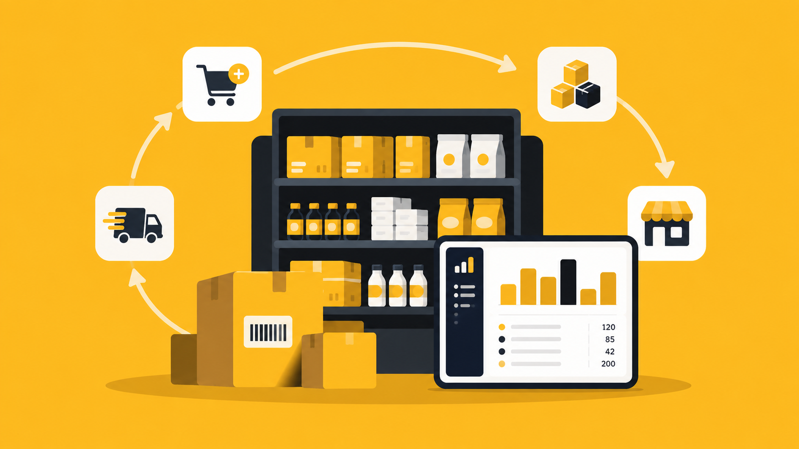 Ilustração do ciclo de estoque no varejo: compra, entrada, prateleira, venda e painel de acompanhamento