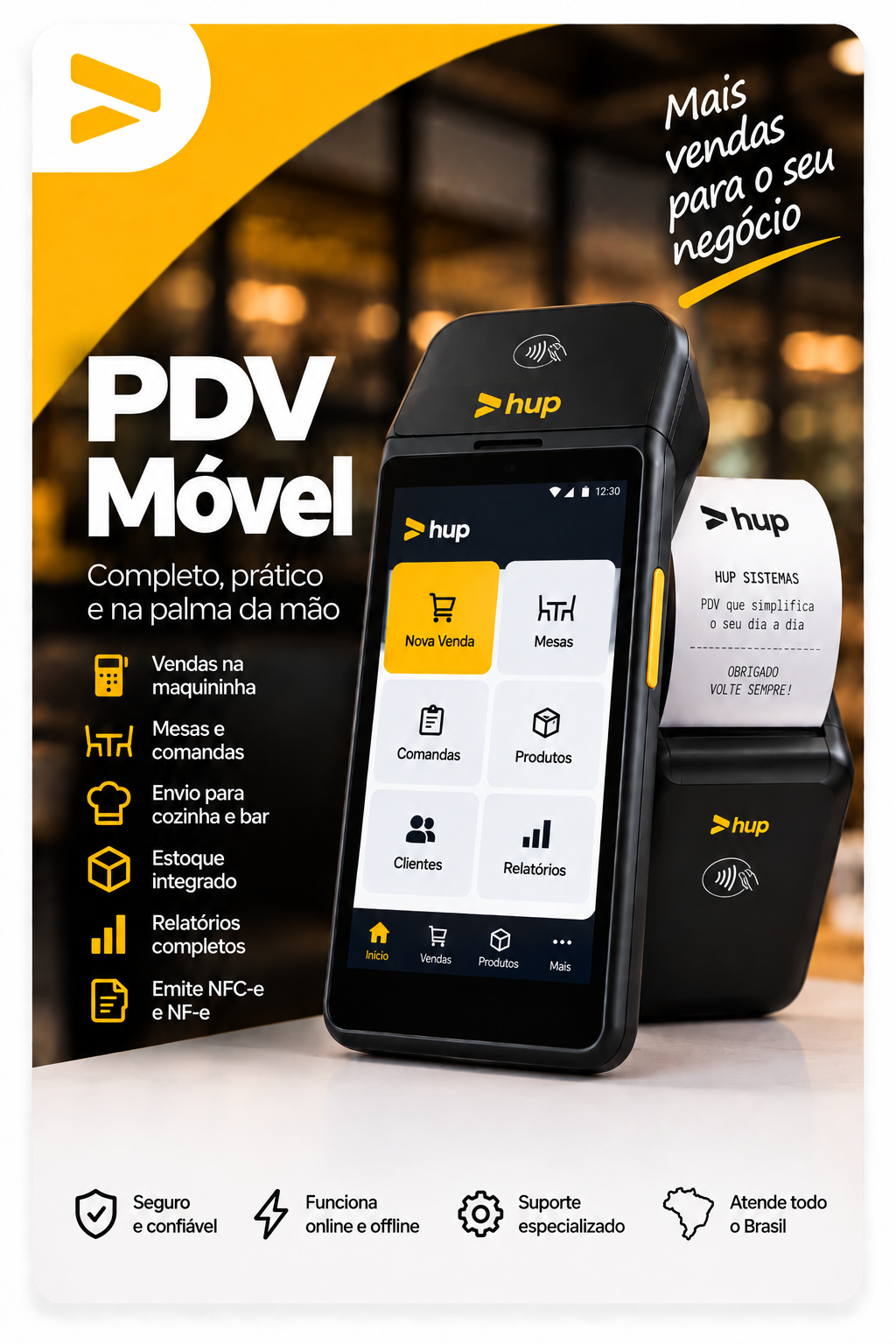Hup PDV Móvel em maquininha Smart POS com recursos de vendas, mesas, comandas, estoque e emissão fiscal